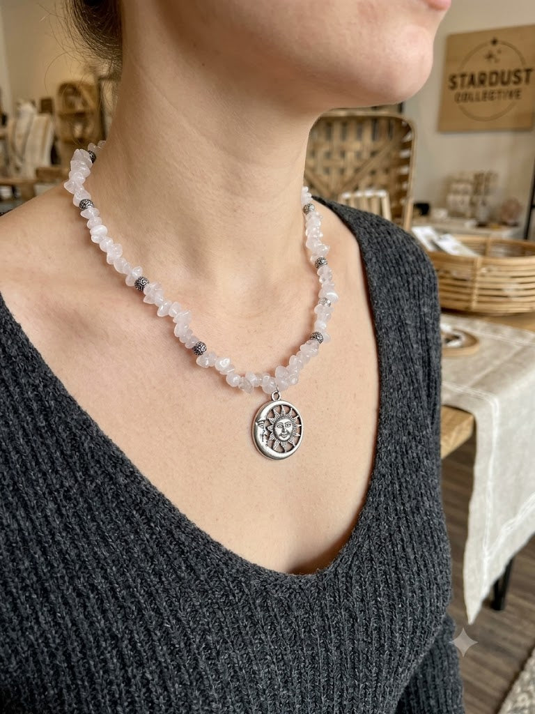 Celestial Quartz Chip Necklace with Sun and Moon Pendant