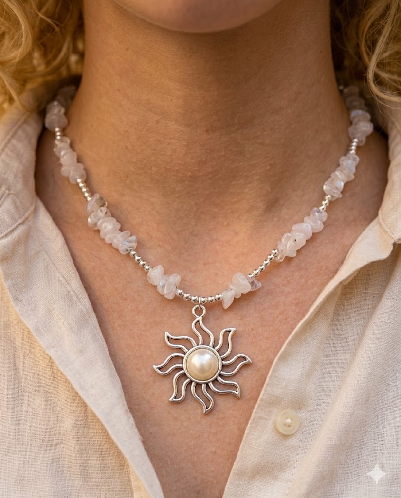 Radiant Clear Quartz Chip Necklace with Stainless Steel Sun Pendant