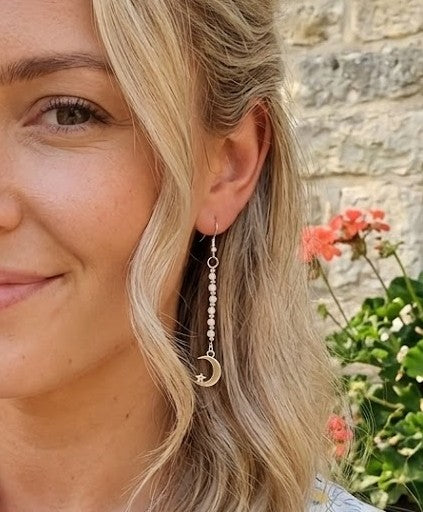 Ethereal Moonstone Dangle Earrings with Stainless Steel Moon & Star Charms