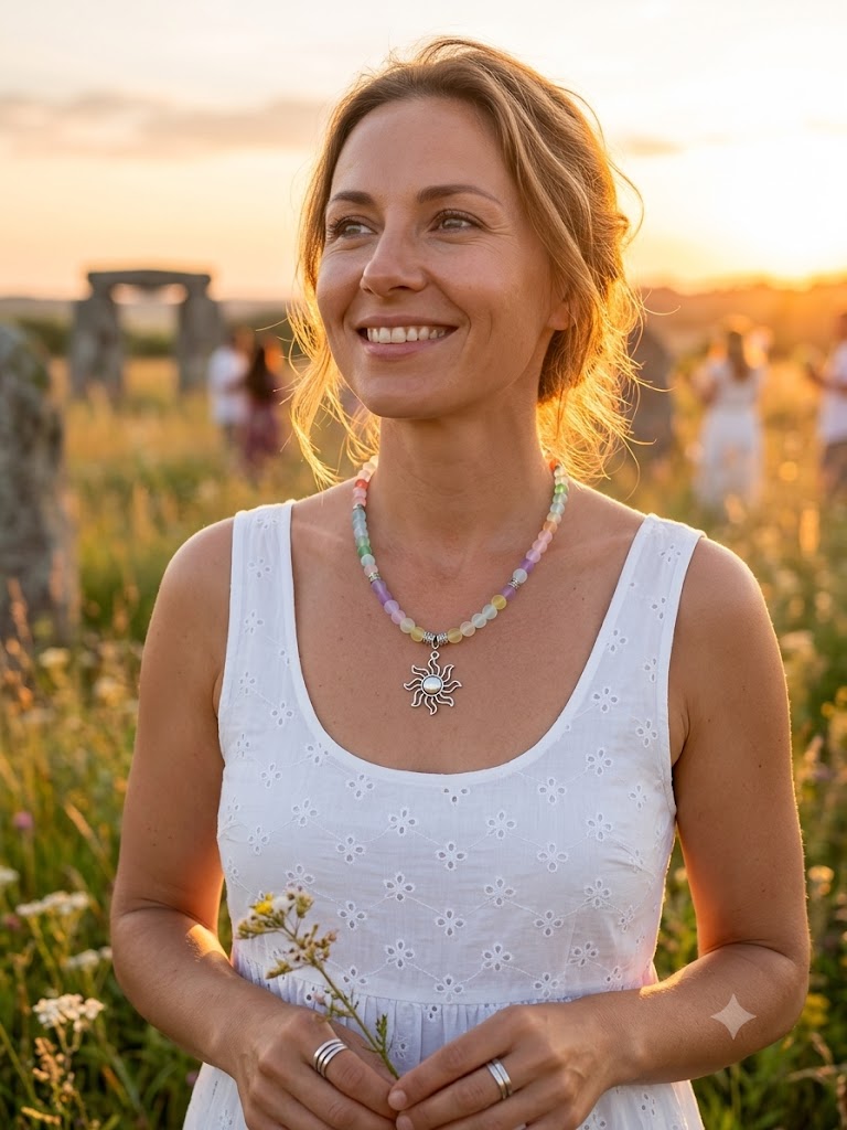 Embrace the Magic of the Sun: Pastel Rainbow Frosted Glass Necklace with Sun Pendant