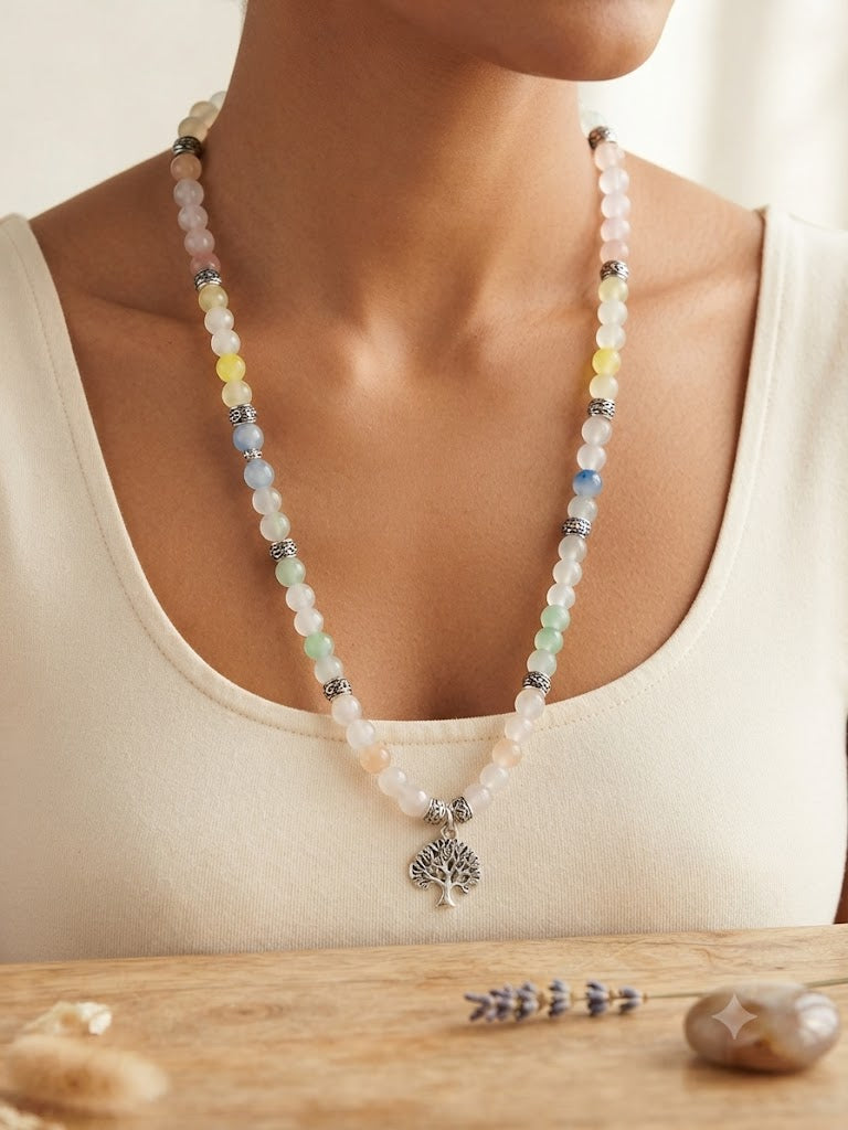 Ethereal Rainbow Glass Bead Necklace with Tree of Life Pendant