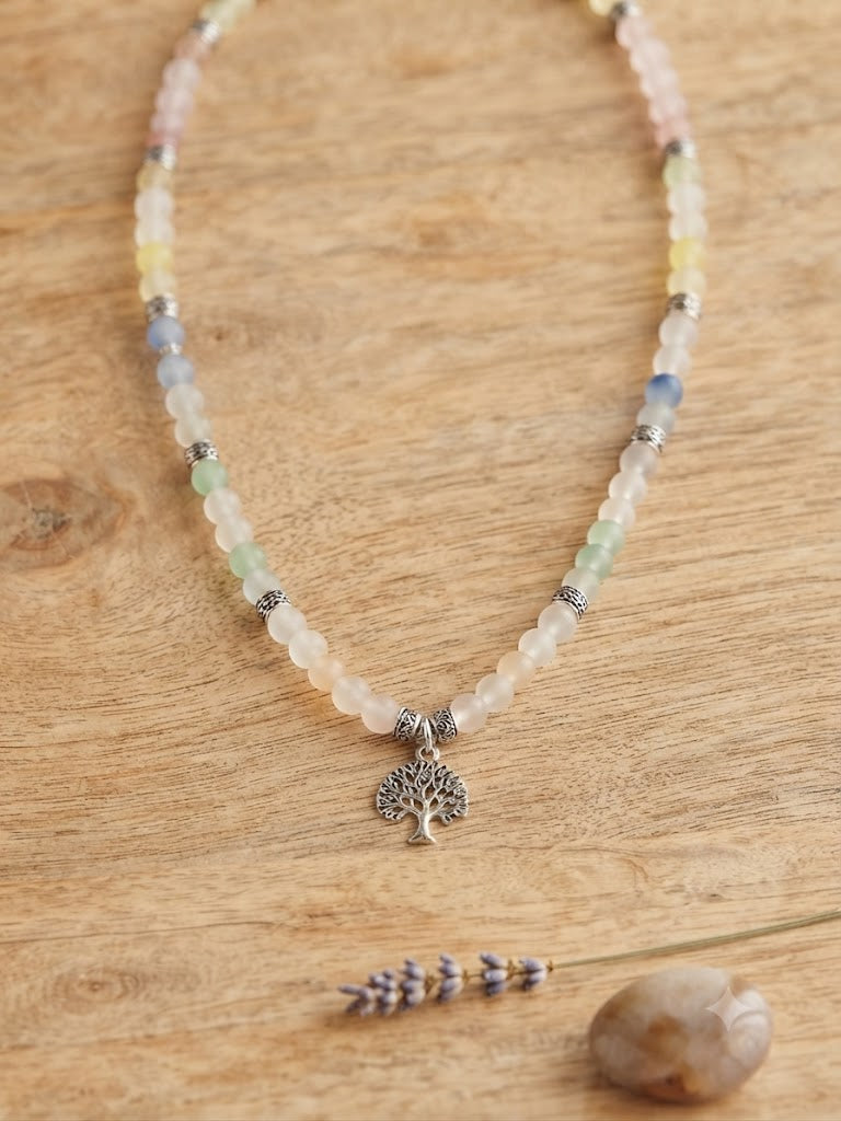 Ethereal Rainbow Glass Bead Necklace with Tree of Life Pendant