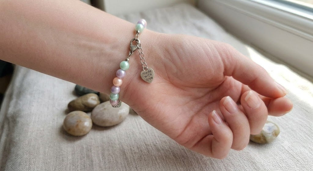 Whimsical Pastel Rainbow Glass Bead & Stainless Steel Fairy Charm Bracelet