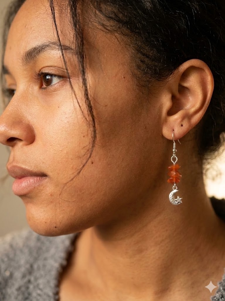 Celestial Harmony: Red Agate Moon & Star Drop Earrings
