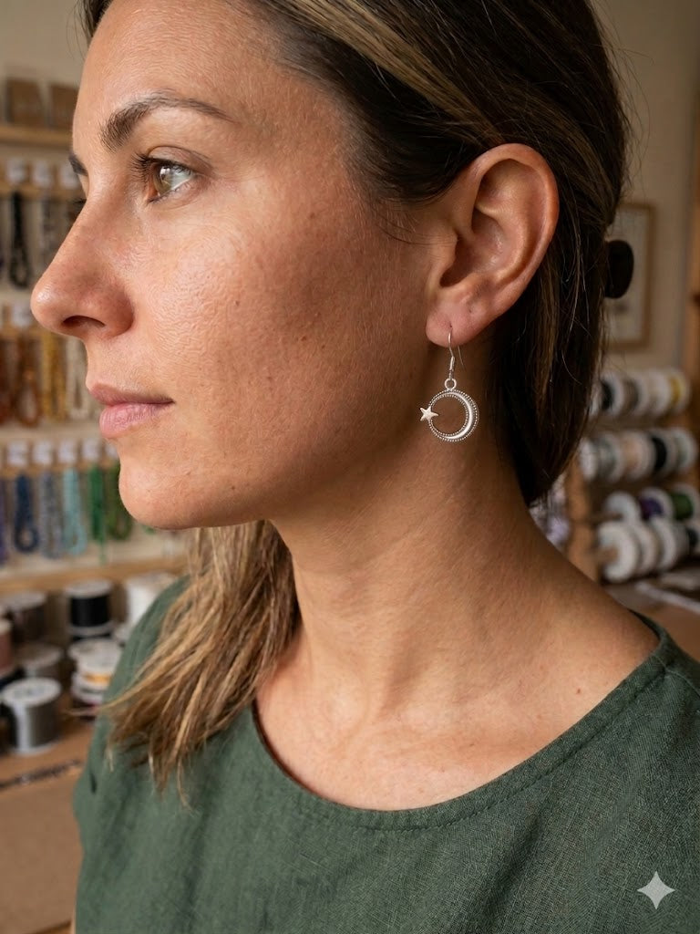 Celestial Harmony: Silver Crescent Moon & Star Drop Earrings